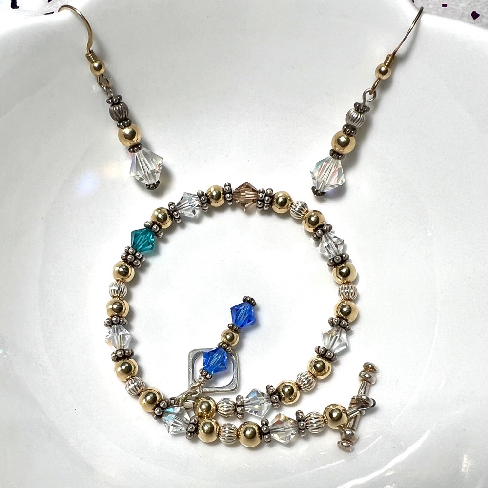 Gold, Silver and Crystal Bead Bracelet & Earrings